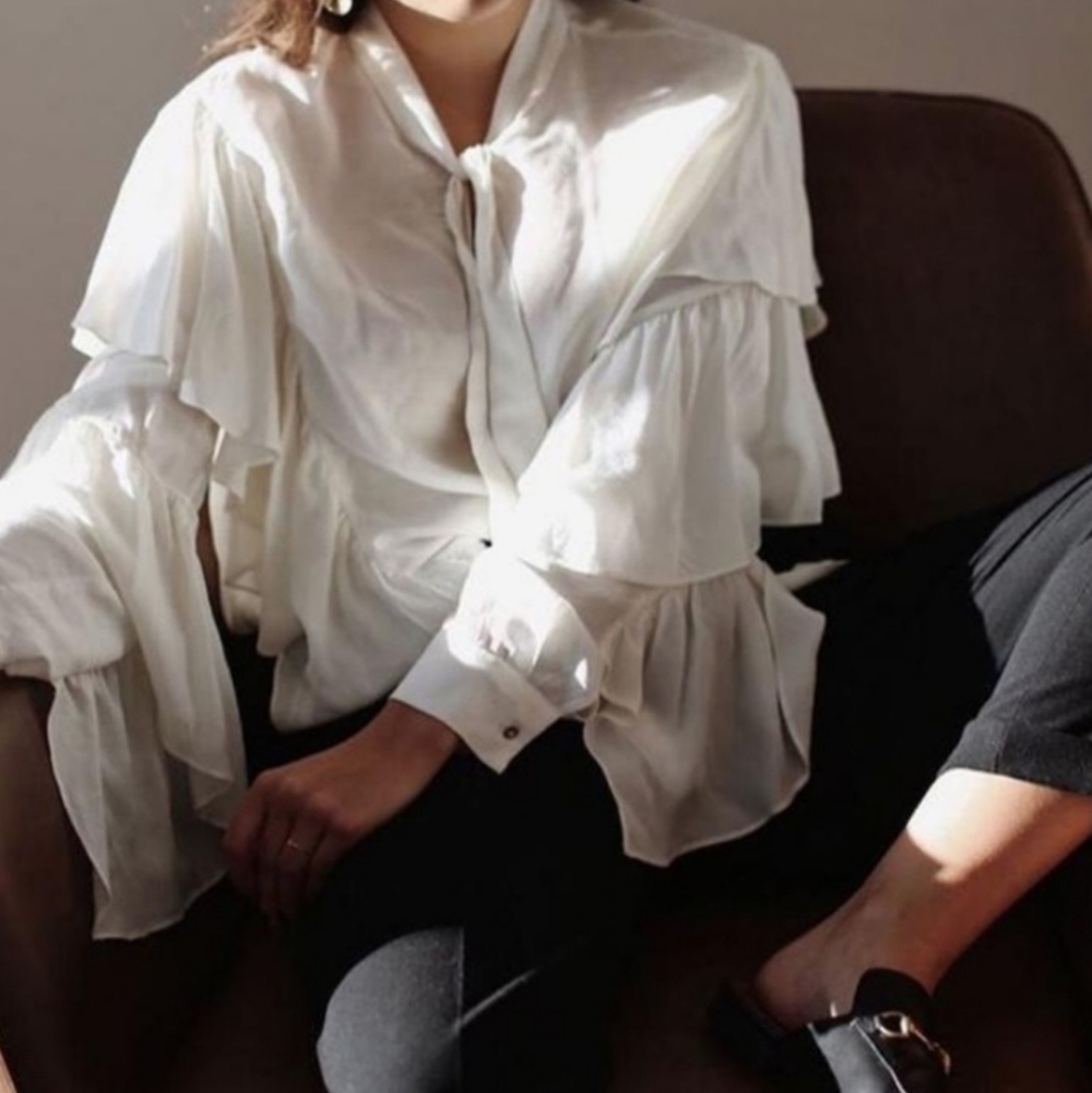 Zara Trafaluc Tie Neck Ruffle Sleeve Crop Blouse